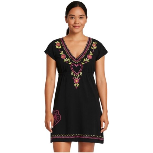 Johnny Was Dresses & Skirts - Johnny Was XS Vintage Boho Black Short Sleeve V Neck Embroidered T shirt Dr…